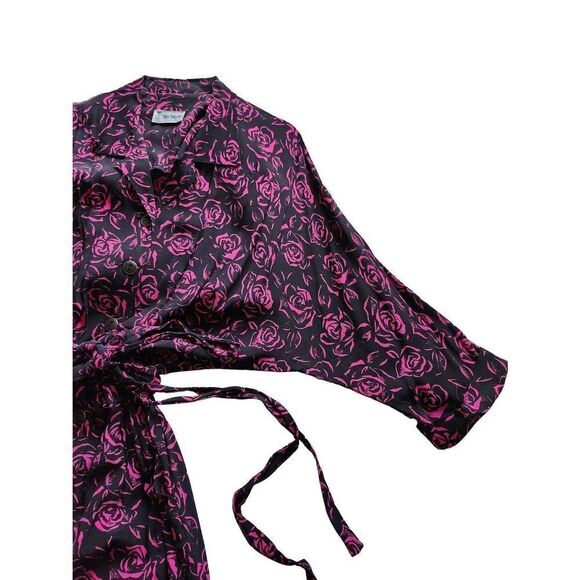 Rose Print Full Button Front Black and Pink Vintage Nu Mode Dress 60s Pinup Flor - Picture 2 of 8